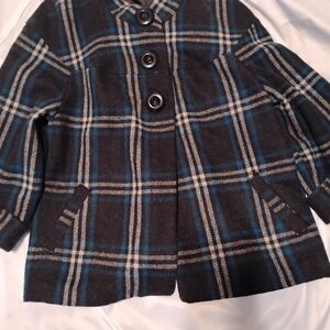 Elegant Women's Plaid Pea Coat - Black and Blue